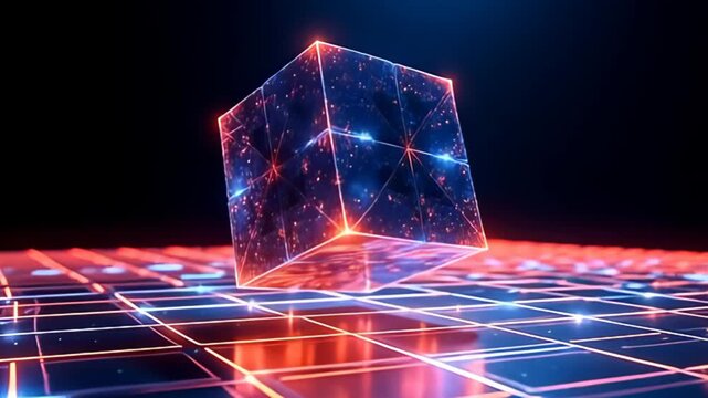 Imagine noise hazy abstract cube rotating in rhythmic pulses within a grid-like pattern, the cube's edges shimmering in vibrant contrasts; the camera angles upward, accentuating the cube's
