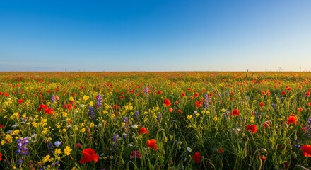 Fototapeta premium Vibrant Wildflower Field Under a Bright Blue Sky