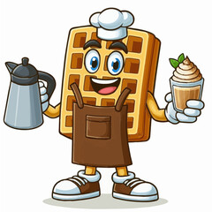 Waffle working as a barista cartoon waffle in apron making coffee drinks