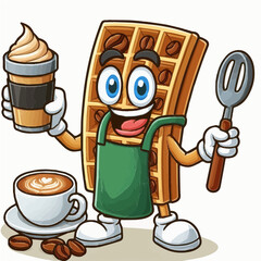 Waffle working as a barista cartoon waffle in apron making coffee drinks