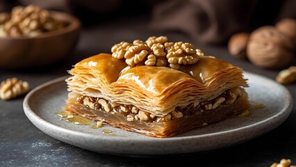Close-up of traditional walnut baklava dessert with syrup and flaky pastry layers on ceramic plate
