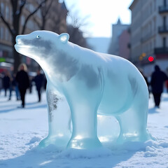 A single melting ice sculpture of a polar bear placed on a city street, representing climate change