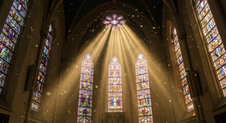 Obraz premium Sunlit Church Interior with Stained Glass Windows