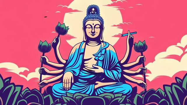 Colorful Illustration of a Multi-Armed Deity in Lotus Pose