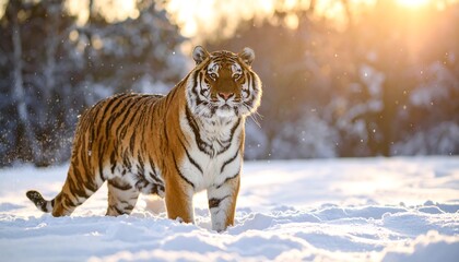 Majestic tiger in snowy forest at sunset