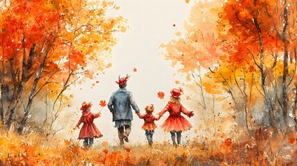 "Autumn Stroll: Watercolor Family Portrait"