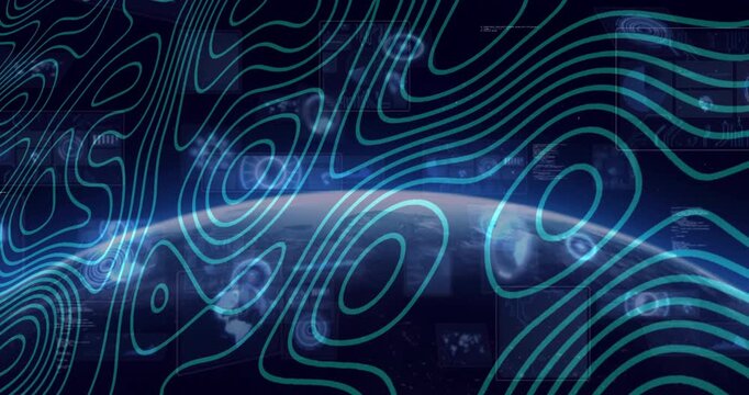 Glow sweeping left initiating horizon reveal, contour lines pulsing, icons clustering for scan