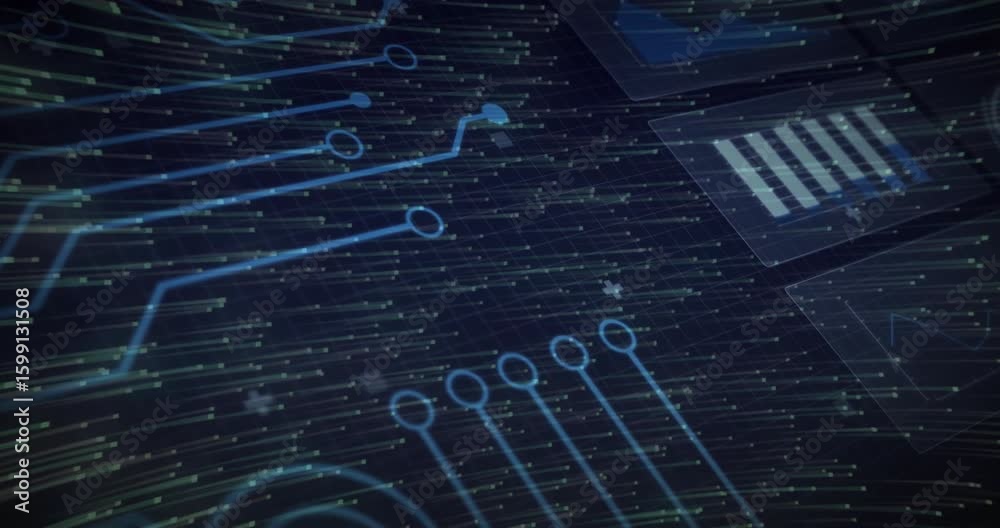 Poster streaming colorful streaks starting circuit lines fanning while panel sliding in showing data flow