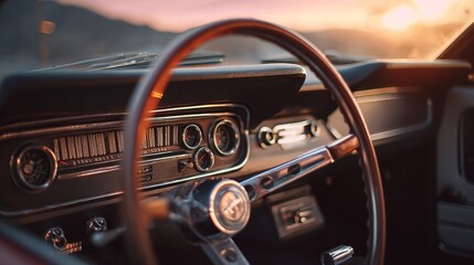 Golden-hour sunlight bathes a classic car's interior;  brown leather steering wheel, dark dashboard with analog gauges,  and vintage controls are sharply in focus, creating a nostalgic feel
