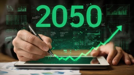 Hands holding tablet, 2050 projected, rising graph, digital data