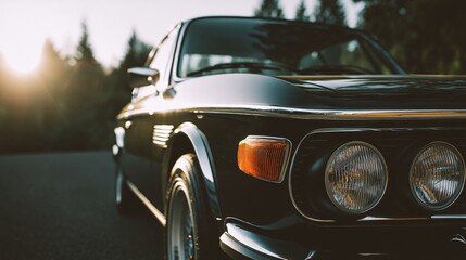Fototapeta premium Close-up of a dark-colored classic coupe at sunset, showcasing its sleek design, headlights, and amber turn signal; a forest backdrop is visible