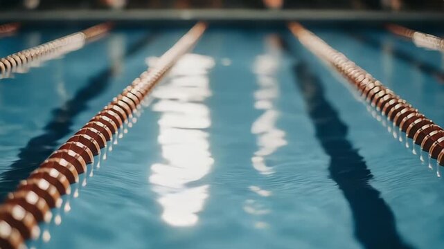 Swimming pool lanes with clear water and sunlight reflections