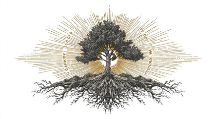 A detailed, intricately drawn tree with sprawling roots and a sunburst radiating behind it, surrounded by text that reads "Cooper," "County," and "Georgia."  The style 
