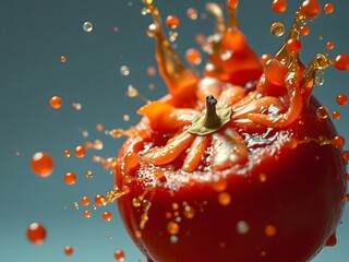 Red Bell Pepper Splash in Water with Droplets on Blue Background