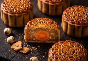 Fototapeta premium Golden Mooncakes, Festive Delicacies, Exquisite Detail, Mid-Autumn Celebration