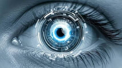 Futuristic eye with digital interface and globe reflection - Powered by Adobe