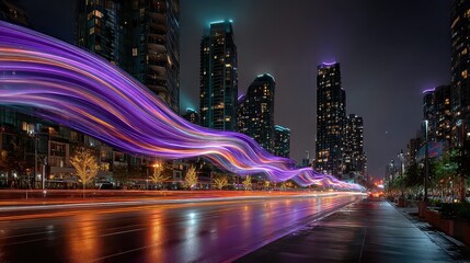 Moody night scene with purple energy flowing through city. 