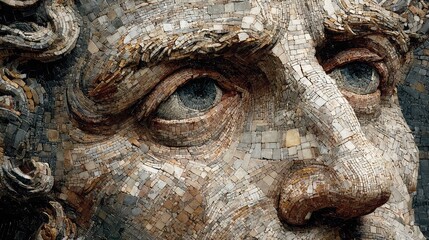 Mosaic face of man using gray and white stone tiles. --