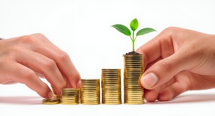 Growing Investment: Hands Stacking Coins with Sprout on Top, Financial Growth Concept