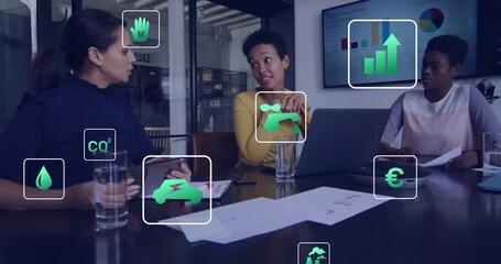PersonB initiating sustainability session by pointing chart and showing CO?, water, euro icons - Powered by Adobe