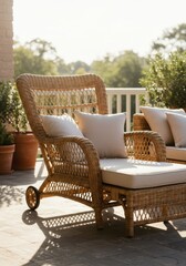 Fototapeta premium Beige Wicker Chaise Lounge on Patio with Warm Sunlight