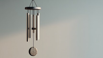 A wind chime hangs suspended against a plain backdrop.