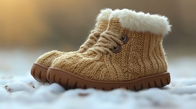 Knitted winter boots resting on snow.