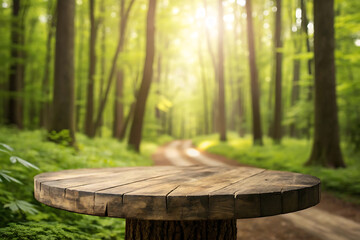 Empty rustic wooden table in a sunlit forest path
