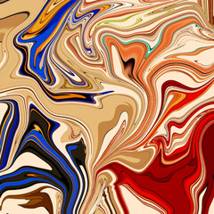 Vibrant swirling abstract composition with red, blue, and tan tones. A bold, dynamic marbled art piece suitable for creative backgrounds or artistic prints.