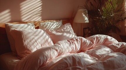 Pink sunlight casting soft shadows on white bedding. -