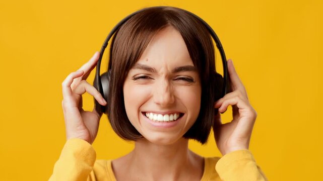 A young brunette woman smiles brightly while wearing headphones, absorbing the music. The vibrant yellow background adds energy to the moment, reflecting her joyful expression.