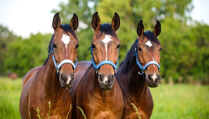 Three brown horses in a field