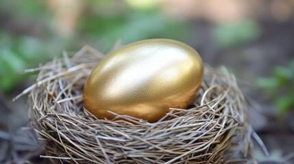 Golden egg in nest, forest background, wealth concept