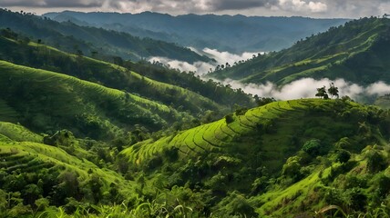 Fototapeta premium Rolling hills of Bandarban with clouds floating over green forested slopes