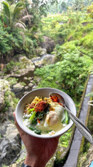 The spicy noodles and view of garden 