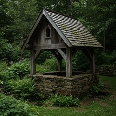 Rustic Wooden Well Structure in a Lush Garden