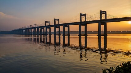 Sunset over the Jamuna Bridge with reflections on the water and rural surroundings 4