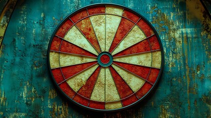 Vintage dartboard against a teal-colored wall.