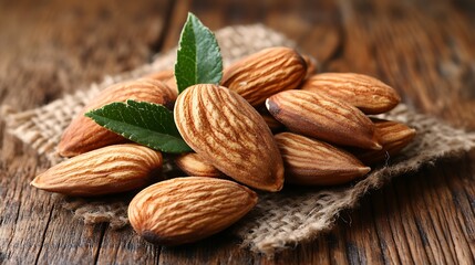 Close-up of almonds on a wooden surface.