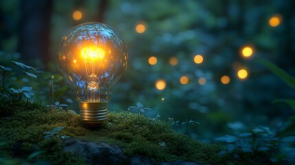 Illuminated lightbulb nestled amidst nighttime forest foliage.