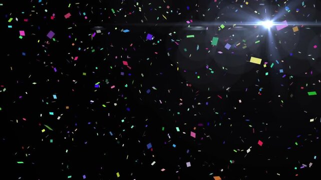 Moving lens flare initiating colored confetti drifting and clustering revealing color shifts