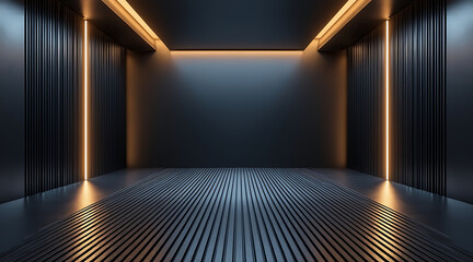Obraz premium Modern dark hallway with warm orange led lighting and reflective floor