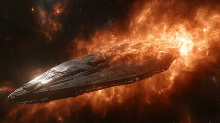 Huge spaceship in a fiery nebula.