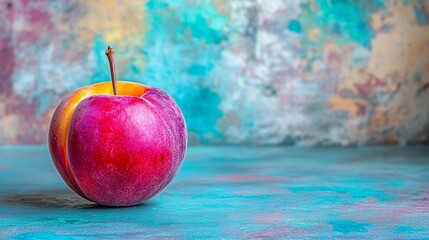 Vibrant pink plum on teal surface, colorful background