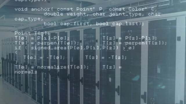 Timed transparent overlays fading in over server racks visualizing network requests and geometry
