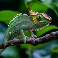 Obraz premium Horned chameleon walking along a branch with vibrant green background