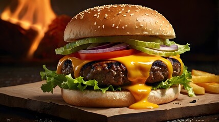 Flame grilled cheeseburger with melted cheddar and sesame bun, Hot juicy cheeseburger, Classic beef burger, burger, Freshly cooked gourmet burger