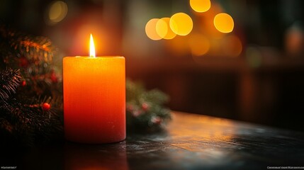 Warm Christmas candle on dark wooden table