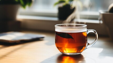 Warm tea in a glass cup on a wooden table near a window