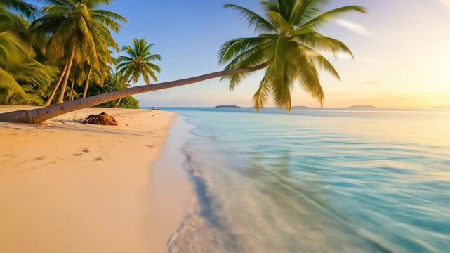 Pristine tropical beach with turquoise water and palm trees at sunset